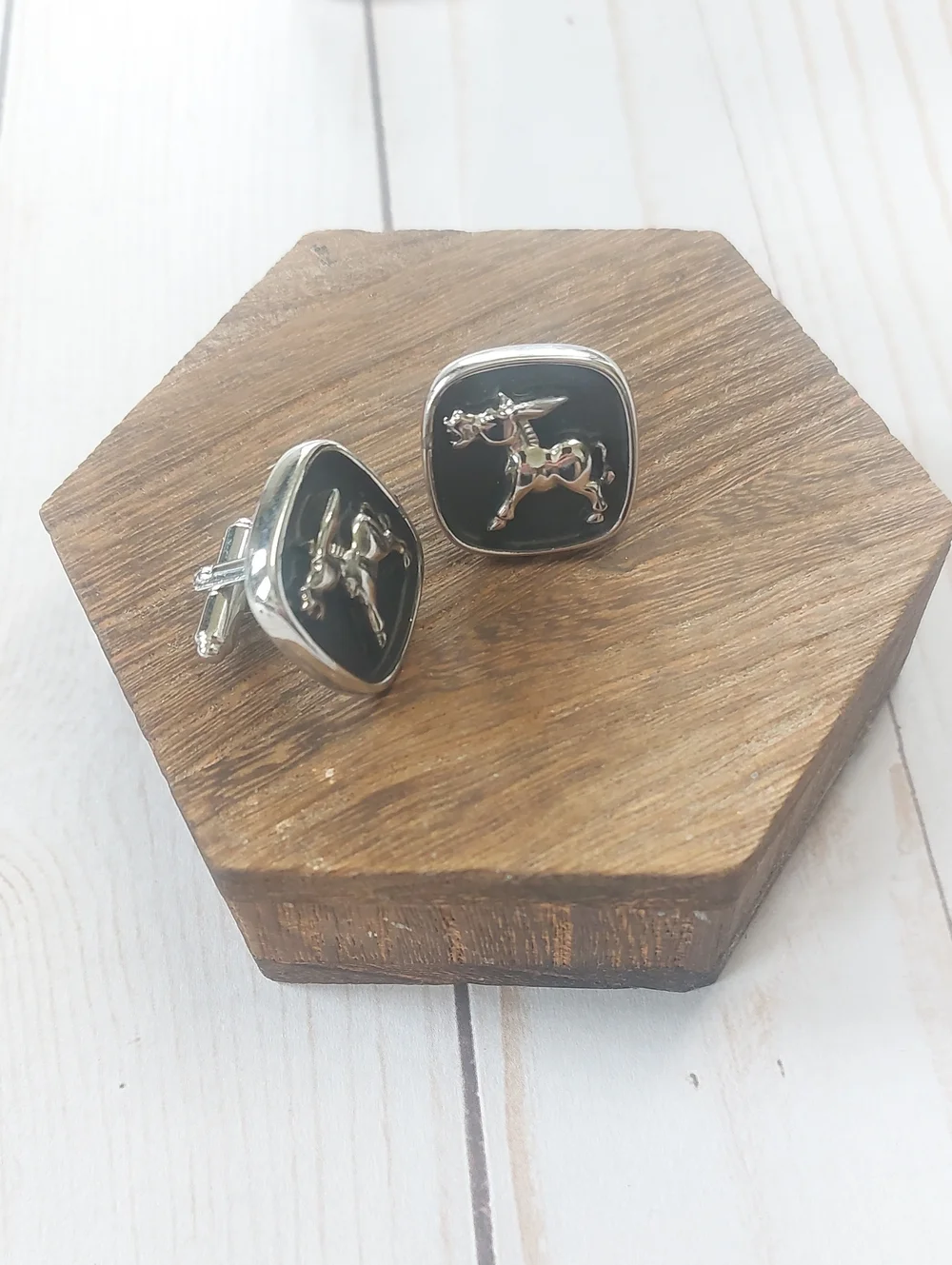 Silver-Tone Black Enamel Donkey Cufflinks